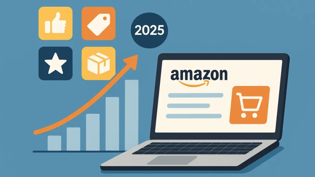 Laptop showing Amazon logo and shopping cart icon on screen, next to upward arrow and bar graph indicating growth in 2025. Icons: thumbs up, tag, star, box.