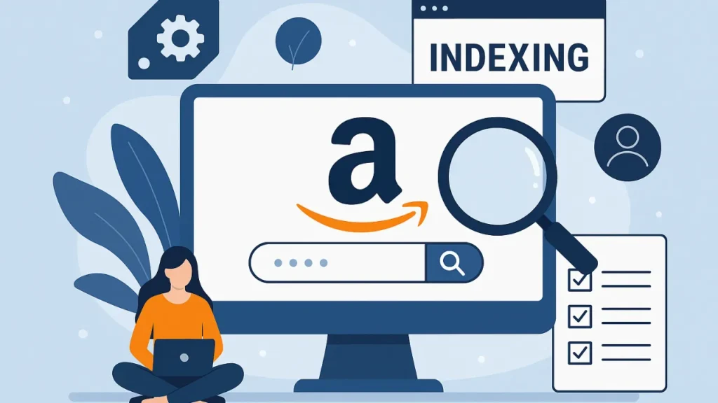 Illustration of a woman with a laptop near a monitor displaying the Amazon logo, a search bar, a magnifying glass, and "INDEXING." The scene conveys online search and indexing concepts.