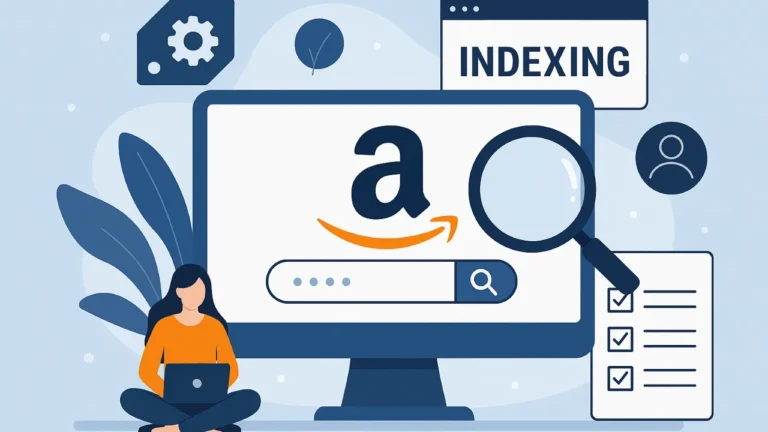 Illustration of a woman with a laptop near a monitor displaying the Amazon logo, a search bar, a magnifying glass, and "INDEXING." The scene conveys online search and indexing concepts.