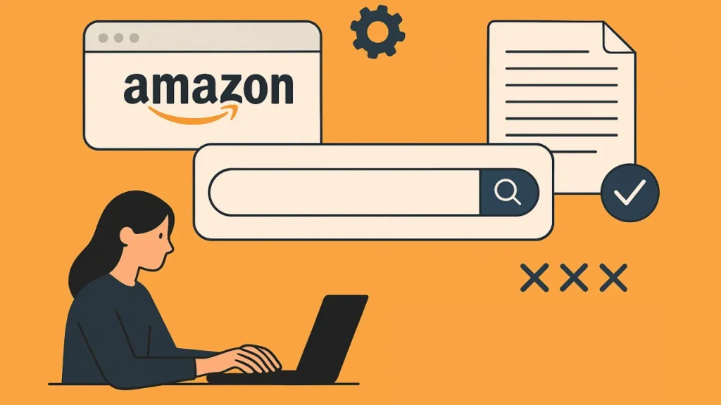 Illustration of a woman using a laptop, with Amazon's logo, a search bar, gears, documents, and checkmarks around her, on an orange background.