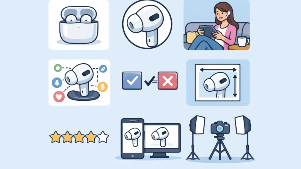 Illustration of earbuds highlighting features with a woman using a tablet, rating stars, and camera setup. Symbols indicate compatibility and dimensions.