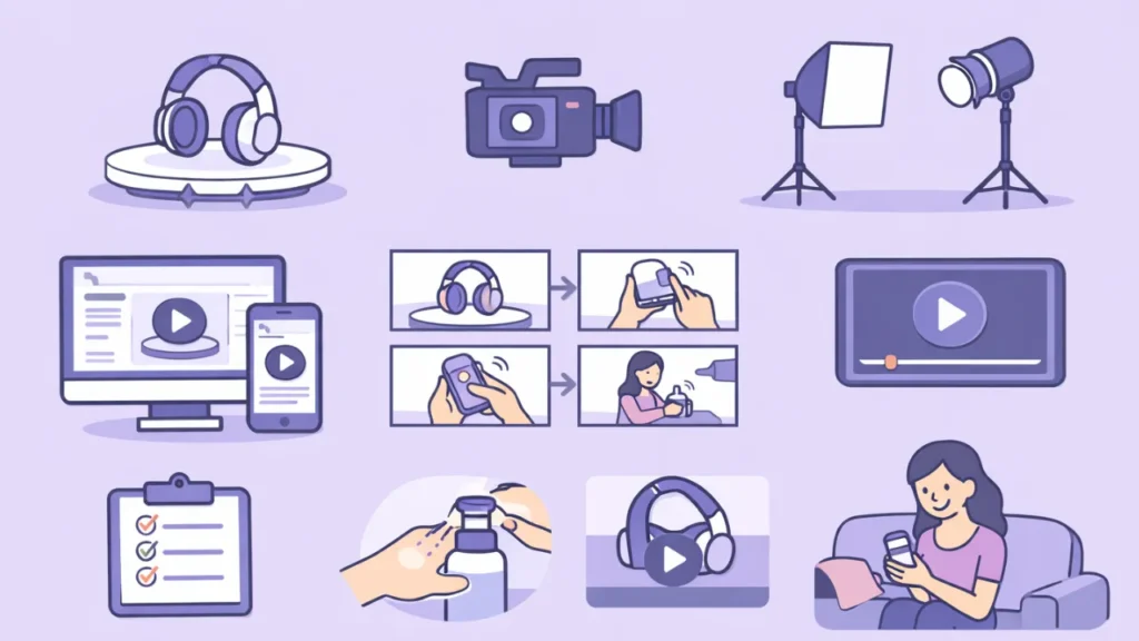 Illustration of media content creation. Includes camera, headphones, lights, storyboard panels, checklists, and a woman on a couch with a smartphone.
