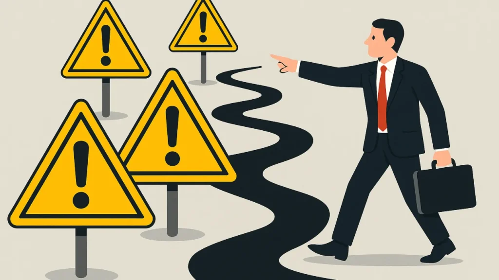 Illustration of a businessperson pointing at a winding path with caution signs. The scene suggests navigating potential risks or challenges.