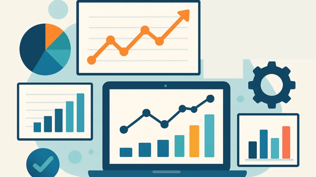 Illustration of business analytics featuring a laptop displaying a line graph and bar charts, surrounded by pie charts and a gear icon, conveying growth.