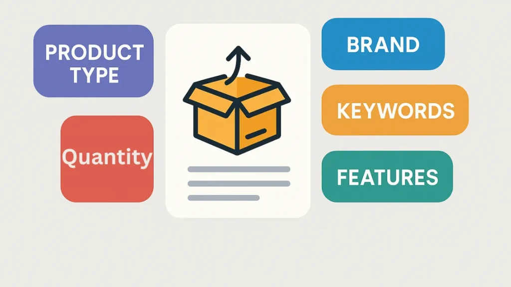 Illustration of an open box with an upward arrow, flanked by colorful rectangles labeled "Product Type," "Quantity," "Brand," "Keywords," and "Features."