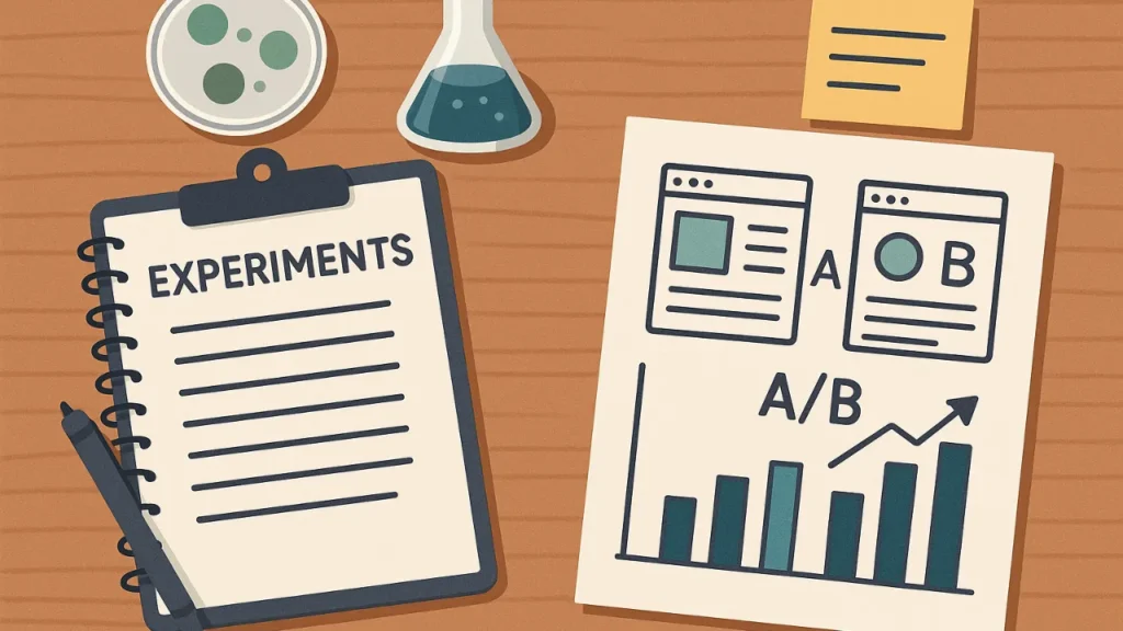 Illustration of a desk with a notebook labeled "Experiments," a bar graph on A/B testing, and lab equipment. Conveys a scientific, analytical theme.