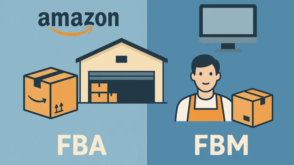 Split image illustrating Amazon's FBA versus FBM. Left shows a warehouse and boxes labeled FBA; right shows a person and a box with FBM, suggesting two fulfillment methods.