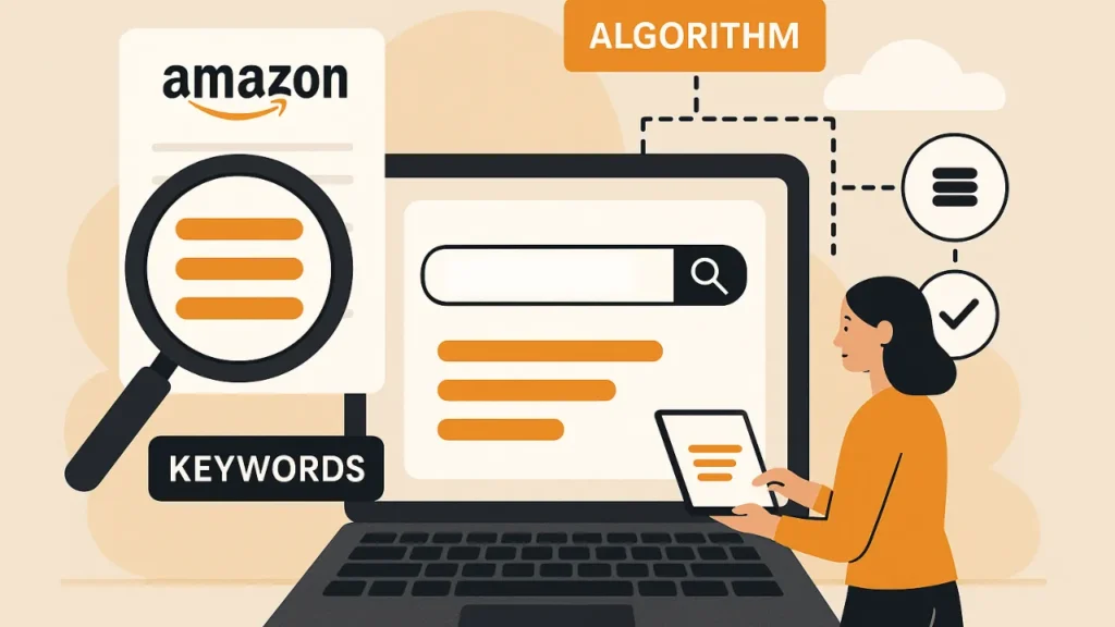 Illustration of a woman using a tablet beside a laptop. The screen shows a search bar, magnifying glass, and keywords related to Amazon's algorithm.