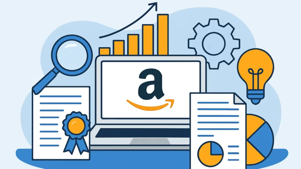 Illustration of a laptop with the Amazon logo, surrounded by a magnifying glass, bar chart, gear, documents, and a lightbulb, symbolizing business growth.