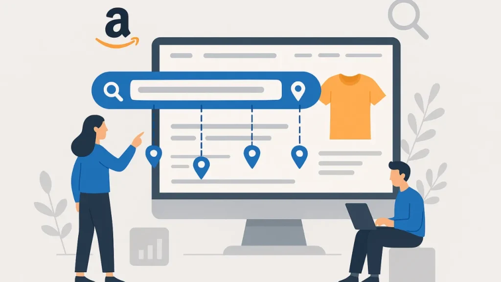 Illustration of two people interacting with a large computer screen displaying a search bar, location pins, and a shirt. Keywords evoke e-commerce.