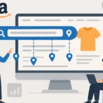 Illustration of two people interacting with a large computer screen displaying a search bar, location pins, and a shirt. Keywords evoke e-commerce.