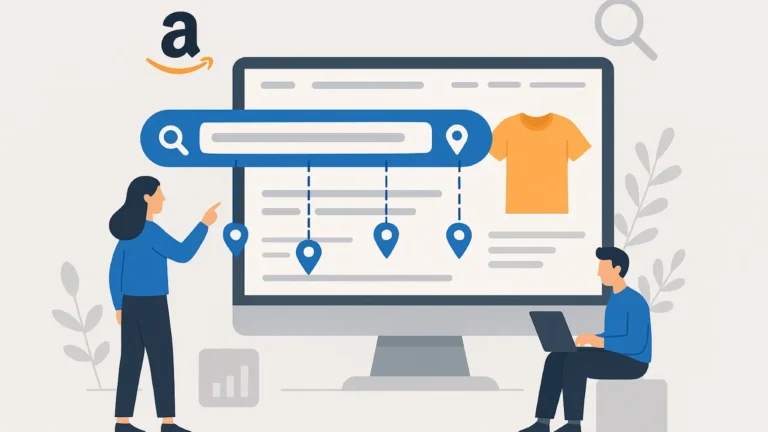 Illustration of two people interacting with a large computer screen displaying a search bar, location pins, and a shirt. Keywords evoke e-commerce.