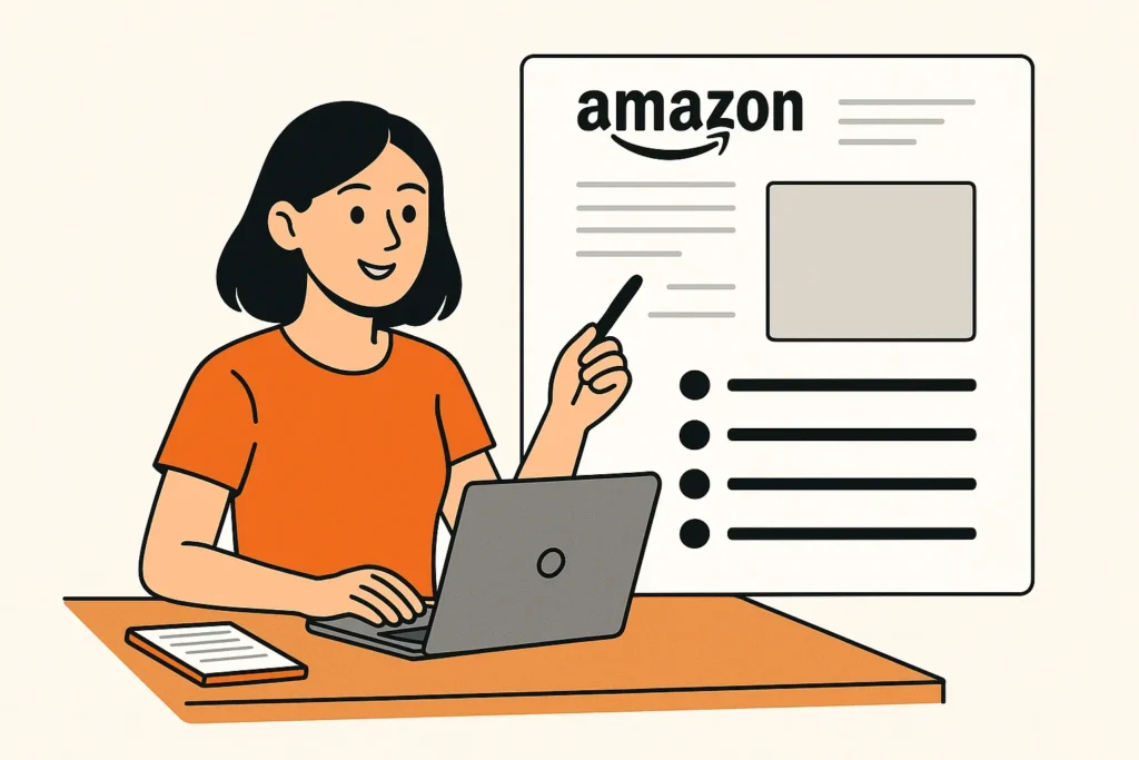Illustration of a woman with shoulder-length hair in an orange shirt using a laptop. She's pointing at an Amazon webpage with a pen, suggesting teaching or explaining online content. How to Write Bullet Points that Convert on Amazon?