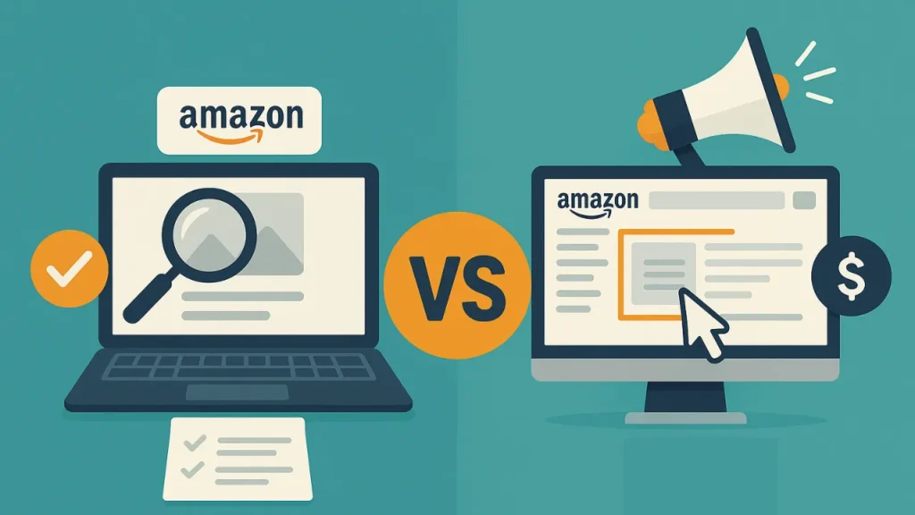 Illustration depicting a comparison between listing optimization and PPC advertising. A laptop with a magnifying glass symbolizes organic search, while a desktop with a megaphone represents paid advertising.