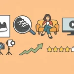 Illustration of online shopping. A shoe is examined with a magnifying glass. A woman with a tablet sits on a couch near a TV and smartphone displaying play icons. A camera, growth graph, and four-star rating are also shown, conveying digital content and consumer reviews. Optimize Amazon Listing Images and Videos