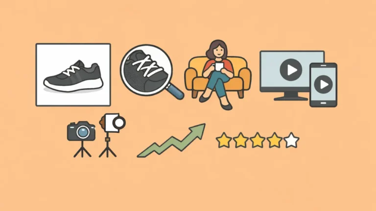 Illustration of online shopping. A shoe is examined with a magnifying glass. A woman with a tablet sits on a couch near a TV and smartphone displaying play icons. A camera, growth graph, and four-star rating are also shown, conveying digital content and consumer reviews. Optimize Amazon Listing Images and Videos