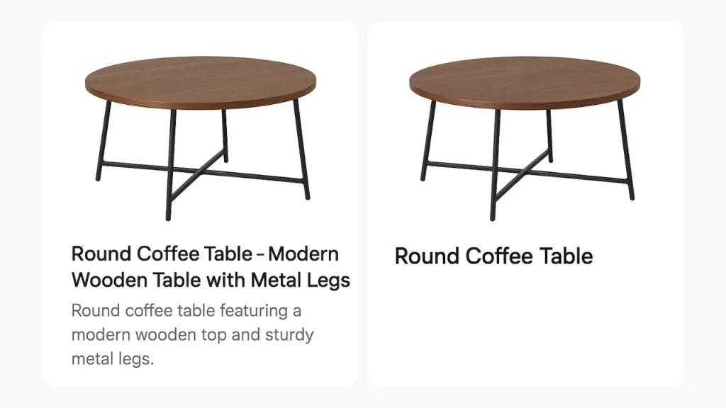 Round coffee table with a wooden top and black metal legs. One version is labeled "Modern Wooden Table with Metal Legs," highlighting its design.