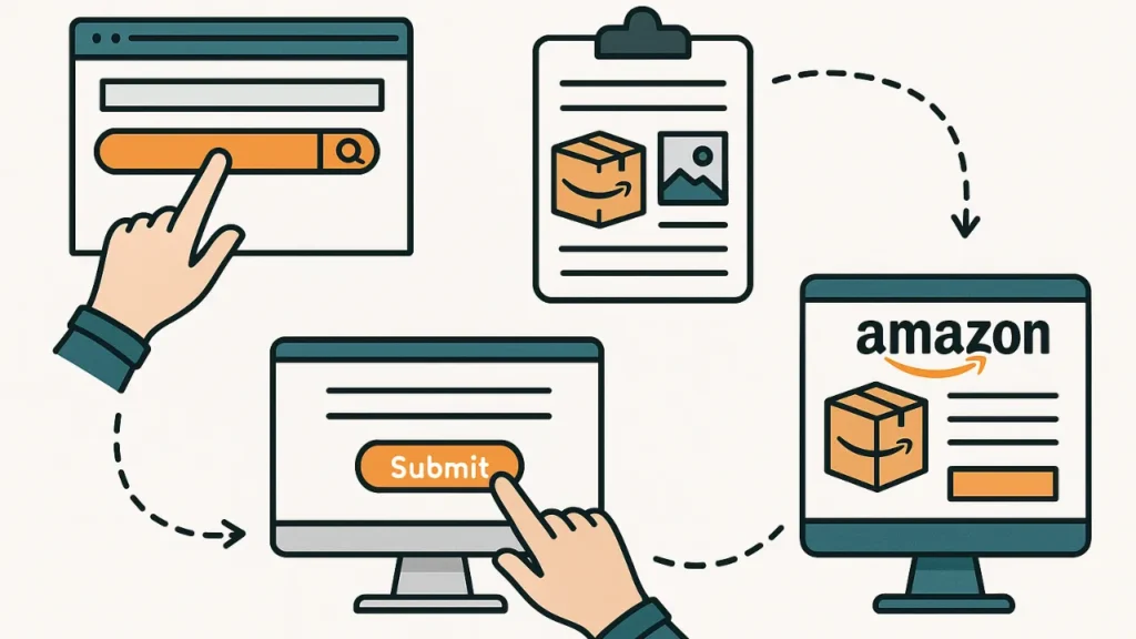 Illustration showing the process of listing a product on Amazon. Includes search, form submission, and final product listing. Hands point to key steps.