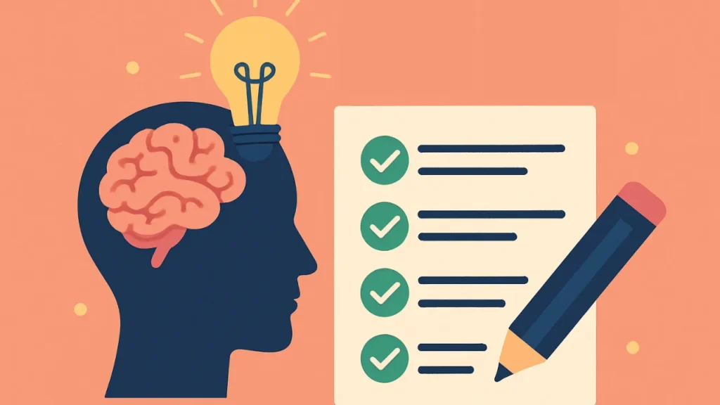 Illustration of a silhouette with a brain and a light bulb on top, beside a checklist with green checkmarks and a large pencil, conveying ideas and organization.