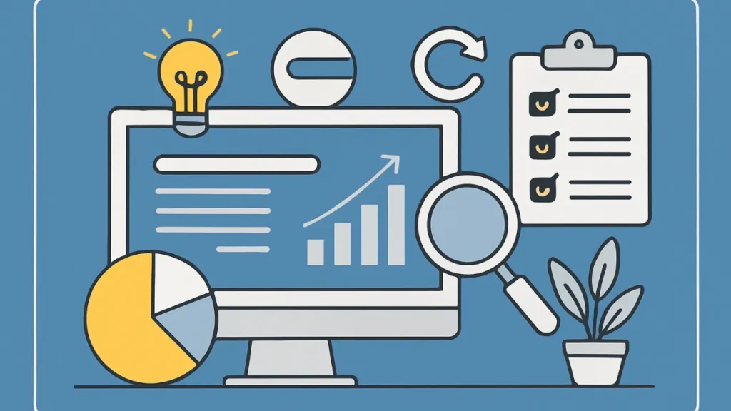 Illustration of a computer screen displaying a rising graph, surrounded by a lightbulb, magnifying glass, pie chart, checklist clipboard, and potted plant.
Tips for Ongoing Listing Optimization