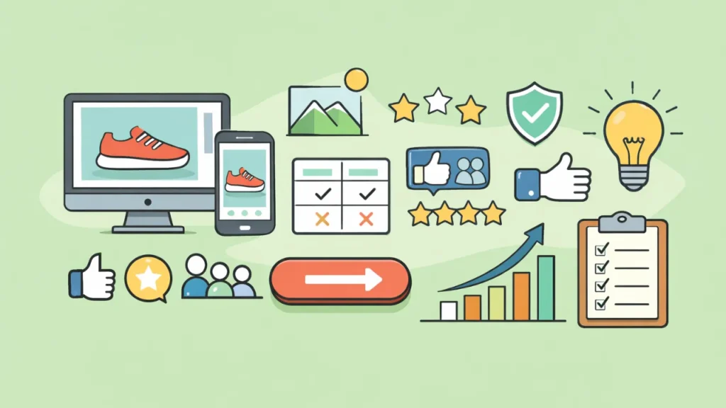Illustration of online shopping and user feedback symbols on a green background. Features include devices with shoe images, star ratings, checklists, and graphs.