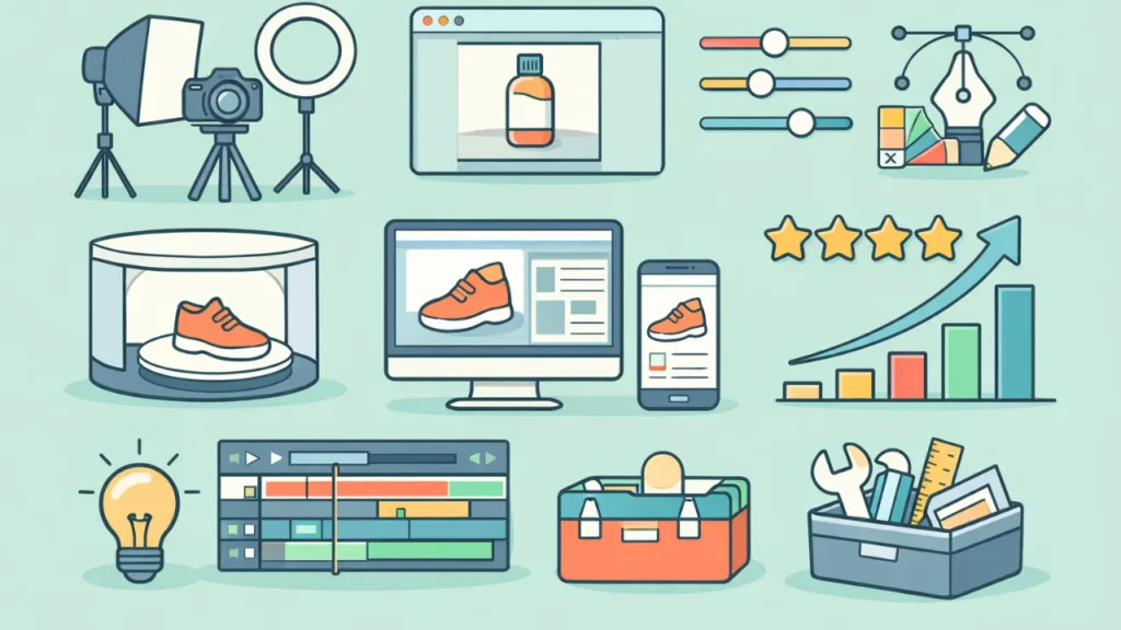 Illustration depicting digital marketing tools: camera, light, graphics software, and design tools. Includes charts, a glowing bulb, and a five-star rating.