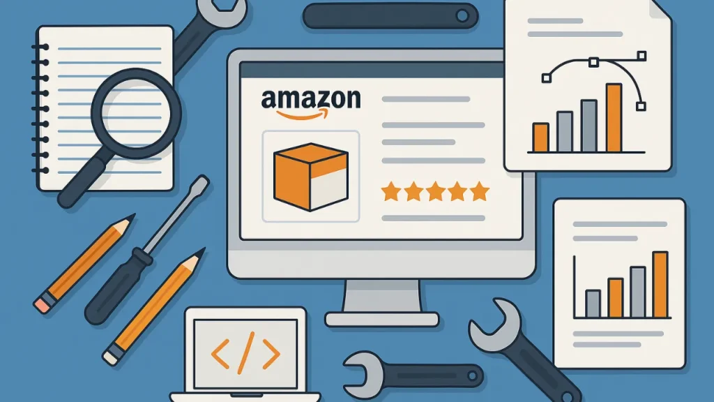 Illustration of a screen displaying Amazon product review, surrounded by charts, a magnifying glass, tools, and stationery on a blue background.