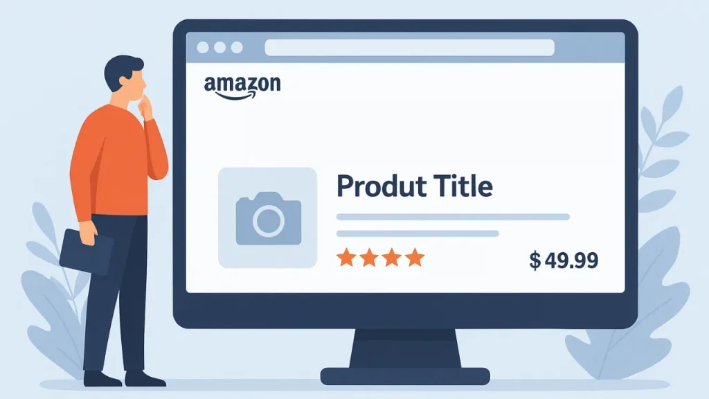 How to Optimize Amazon Product Title for Search?
A person in an orange sweater stands thoughtfully before a large monitor showing an Amazon product page. It displays a placeholder image, four-star rating, and price of $49.99. The tone is professional and focused.