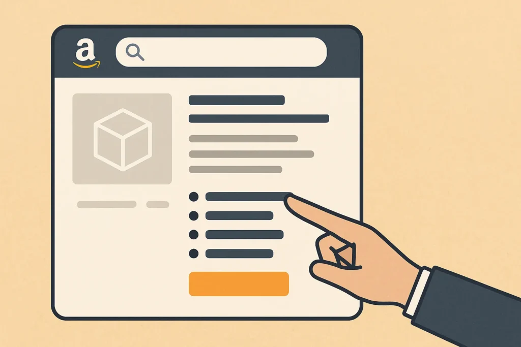 Illustration of a hand pointing at a webpage resembling an Amazon product listing, featuring a search bar, product details, and a prominent orange button.