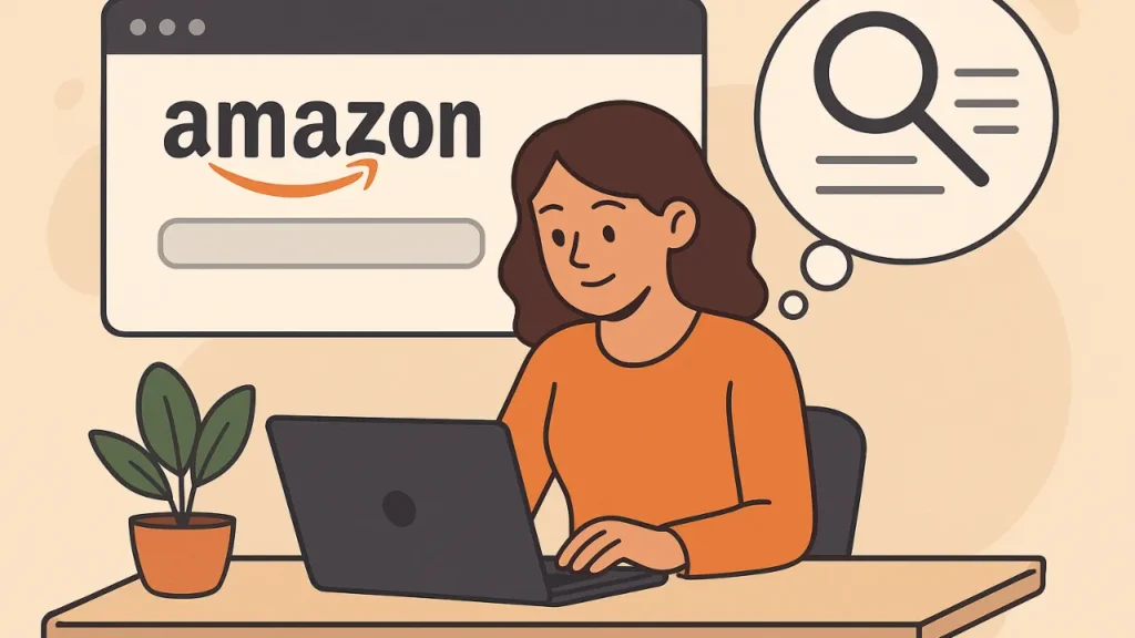 What Are Amazon Backend Search Terms?
Illustration of a person using a laptop, with an Amazon search bar on the screen. A thought bubble shows a magnifying glass, symbolizing searching.