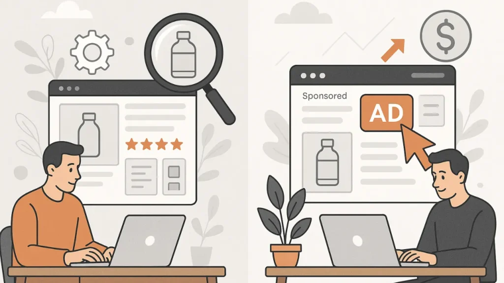 Illustration shows two panels of individuals using laptops. Left: Man researching products, magnifying glass and gear icons. Right: Man viewing an online ad, dollar symbol and upward arrow, indicating increased sales. Neutral tones.
What Each Tactic (Listing Optimization Vs PPC Advertising) Actually Does?