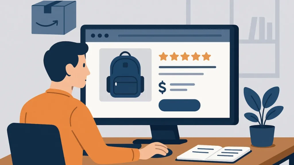 A person at a desk views a backpack online, showing five-star ratings. A package and plant are nearby, creating a shopping theme.
What Is Amazon Listing Creation and Why It Matters?