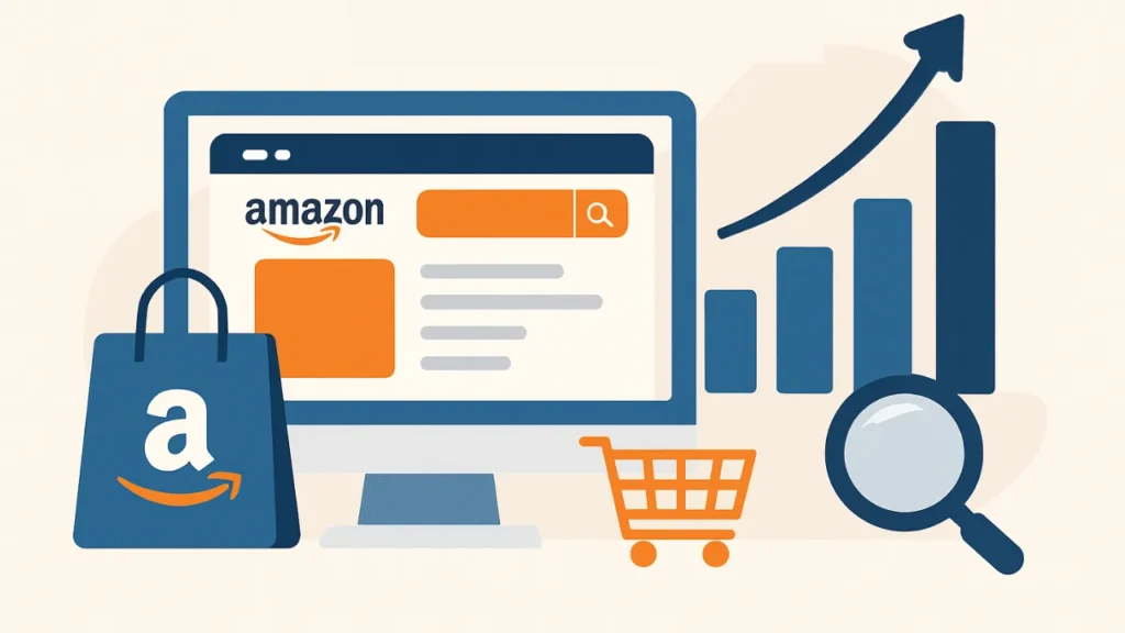 Illustration of an Amazon webpage on a monitor, next to a shopping bag, cart, magnifying glass, and upward graph, symbolizing online shopping growth.
