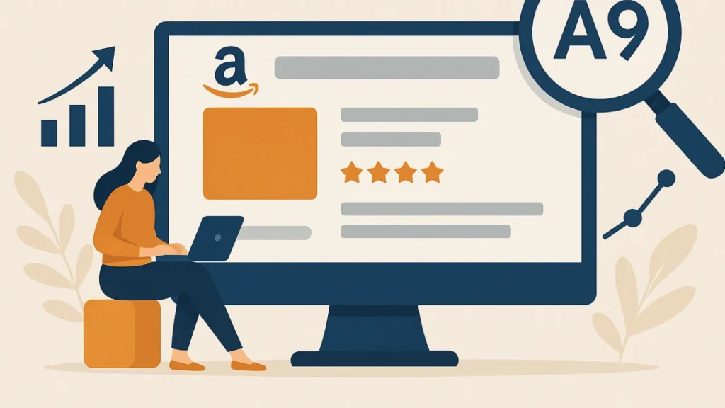 Illustration of a woman using a laptop beside a large computer screen displaying an Amazon web page with reviews. Elements include a magnifying glass with "A9," growth graph, and abstract foliage, conveying business and technology themes.
What Is the Amazon A9 Algorithm?