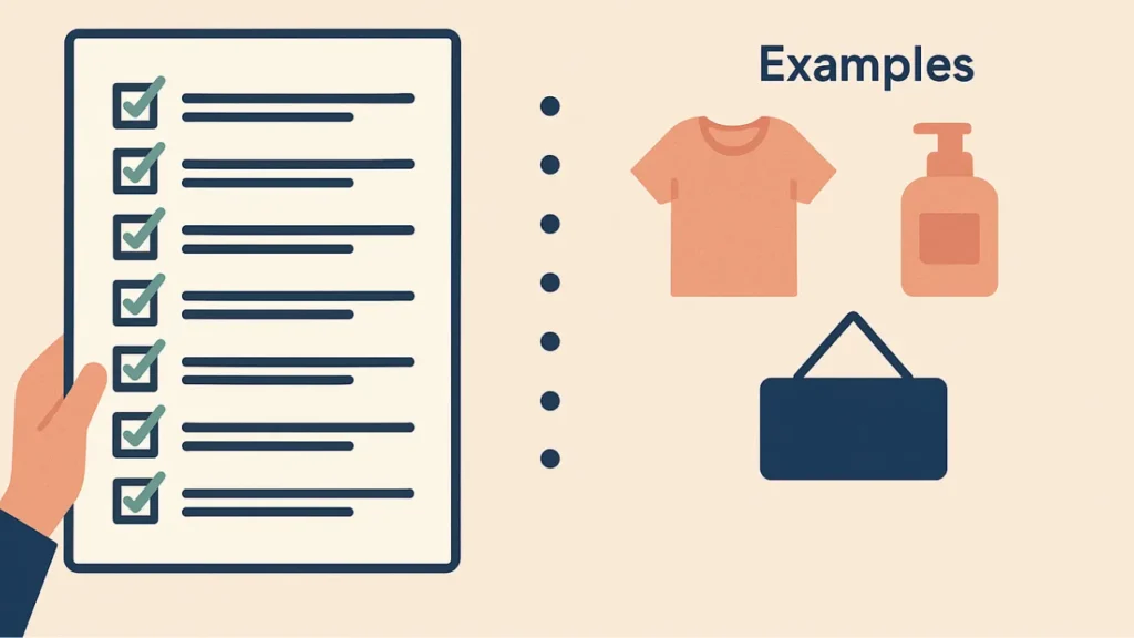 An illustrated checklist with nine checked boxes on the left and examples of a shirt, soap, and bag on the right, conveying completion and organization.
