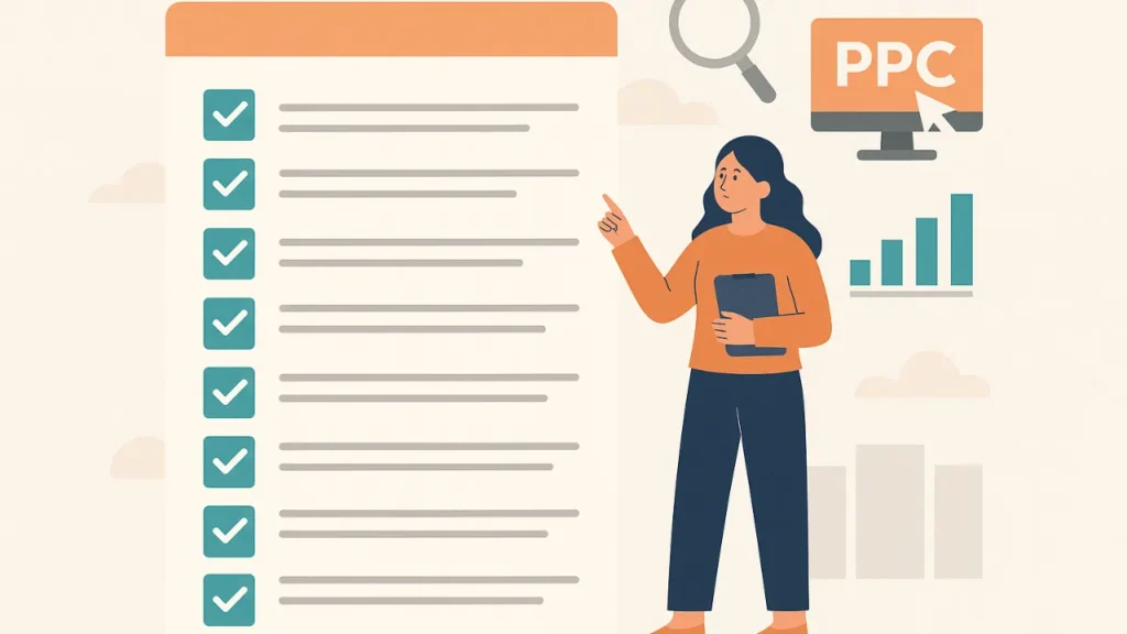 Illustration of a woman pointing at a large checklist with checkmarks. Beside her are icons of a magnifying glass, PPC text on a monitor, and a bar graph.
