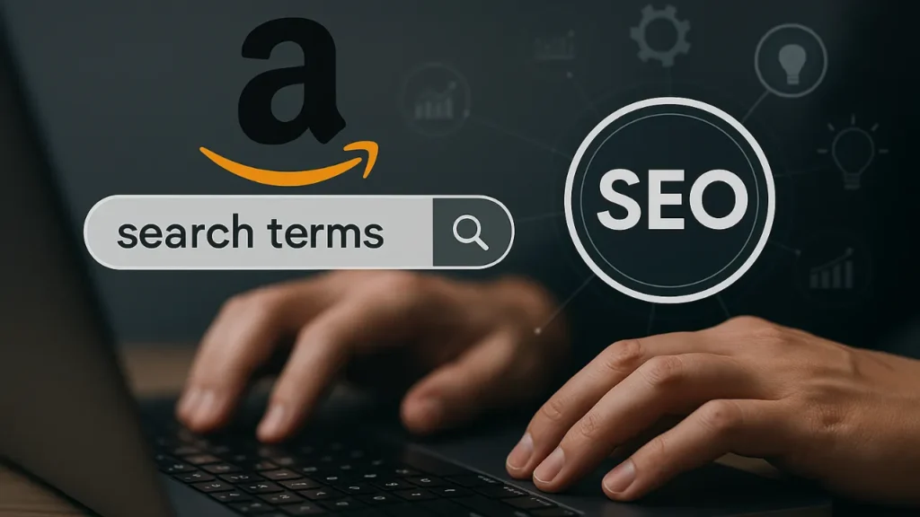 Hands typing on a laptop keyboard, with a search bar saying "search terms" below an orange arrow logo. A circle labeled "SEO" appears to the right.