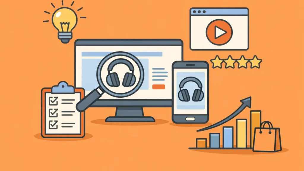 Illustration of digital marketing: monitor and phone with headphones, magnifying glass, play button, checklist, light bulb, stars, rising graph, shopping bag.
Optimize Amazon Listing Images and Videos