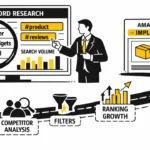 Illustration showing a man in a suit explaining Amazon keyword research on a screen with graphs and terms. Roadmap below includes idea, analysis, filters, growth, leading to Amazon listing implementation.
