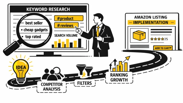 Illustration showing a man in a suit explaining Amazon keyword research on a screen with graphs and terms. Roadmap below includes idea, analysis, filters, growth, leading to Amazon listing implementation.