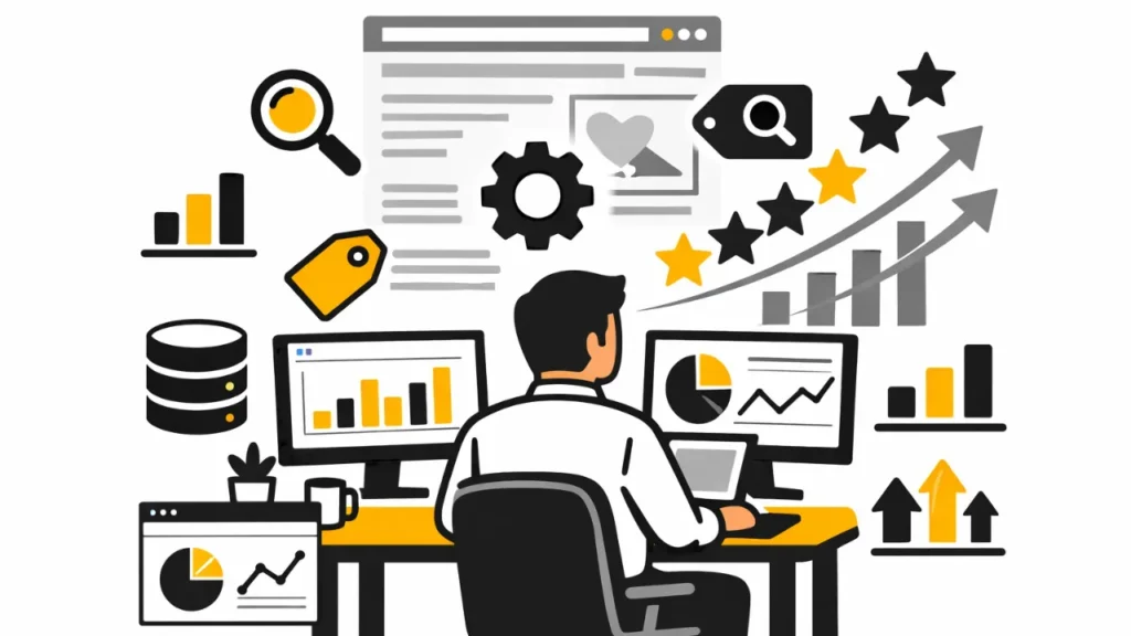 A person sits at a desk with dual monitors displaying charts. Surrounding icons include graphs, gears, stars, and arrows, conveying data analysis and growth.