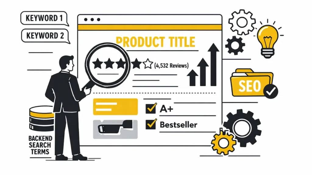 Illustration of a person analyzing a product page with a magnifying glass. Features ratings, SEO, gears, and keywords, conveying an optimization theme.