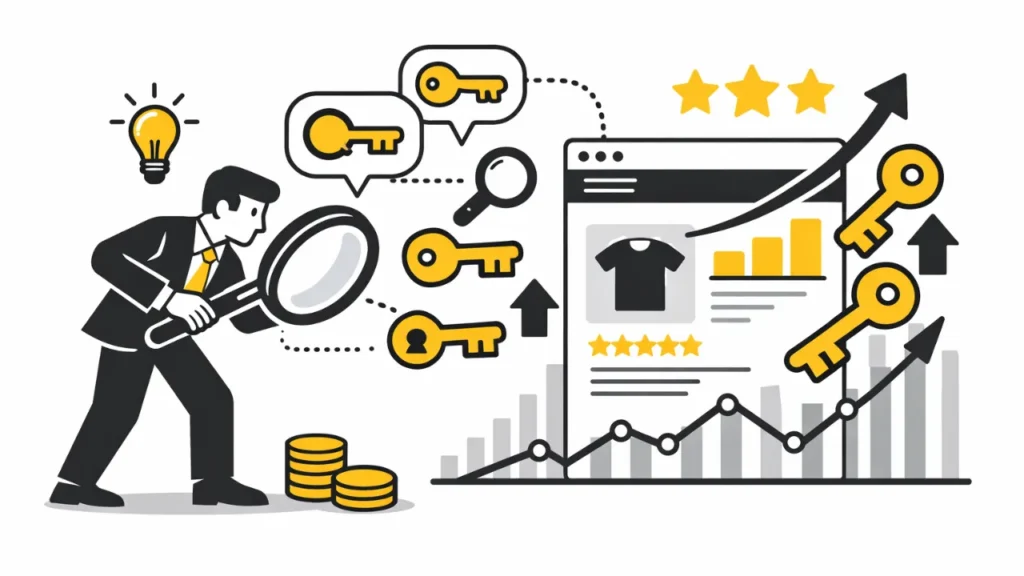 A man holds a magnifying glass, examining floating keys and charts near a webpage. Coins, lightbulb, and upward arrows suggest growth and analysis.
